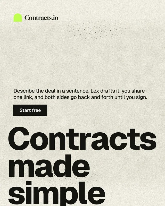 Instagram portrait post for contracts.io: "Contracts made simple." Ink sticker style, oversized layout, light palette in yellow, grey.