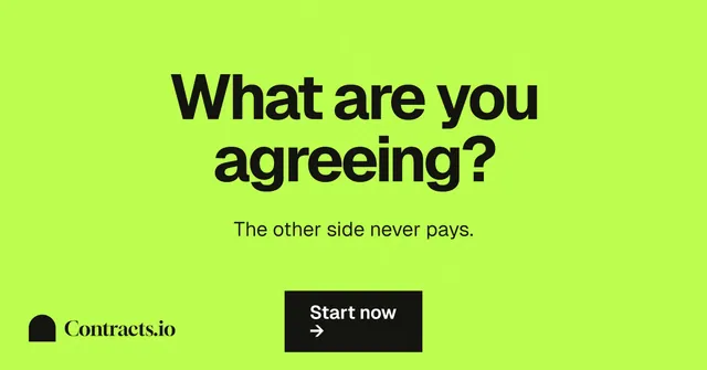 Social ad for contracts.io: "What are you agreeing?" Swiss style, centred layout, light palette in green.