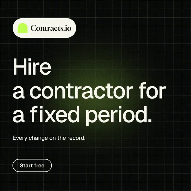 Instagram post for contracts.io: "Hire a contractor for a fixed period." Phosphor atlas style, announce layout, dark palette in black, green, grey.