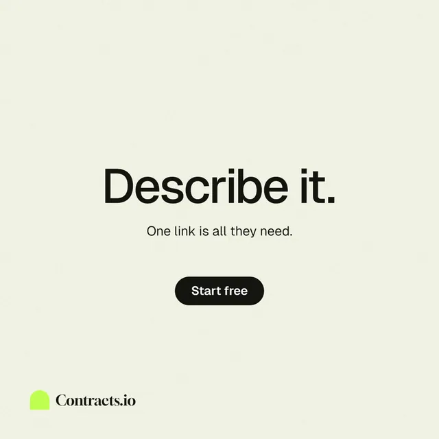 Instagram post for contracts.io: "Describe it." Data card style, centred layout, light palette in white.
