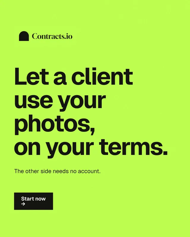 Instagram portrait post for contracts.io: "Let a client use your photos, on your terms." Swiss style, announce layout, light palette in green.