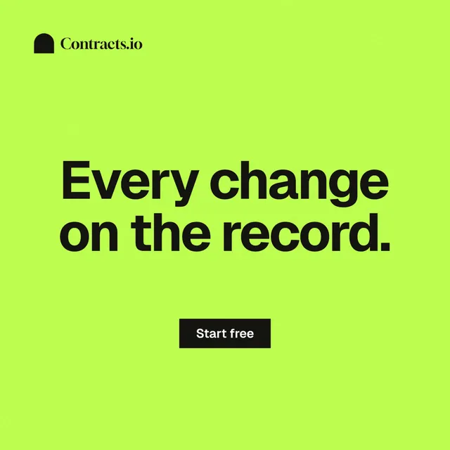 Instagram post for contracts.io: "Every change on the record." Swiss style, centred layout, light palette in green.