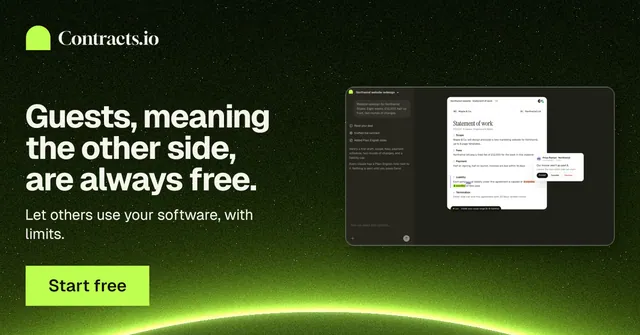 Social ad for contracts.io: "Guests, meaning the other side, are always free." Swiss style, bottom layout, dark palette in black, green.
