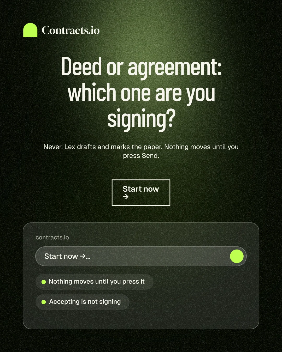 Instagram portrait post for contracts.io: "Deed or agreement: which one are you signing?" Dark deco style, centred layout, dark palette in black, green, grey.
