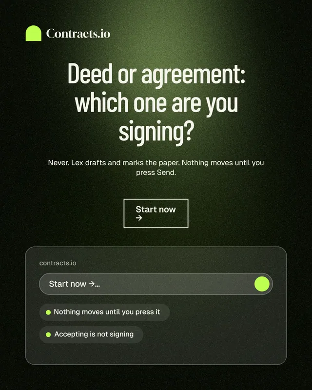Instagram portrait post for contracts.io: "Deed or agreement: which one are you signing?" Dark deco style, centred layout, dark palette in black, green, grey.