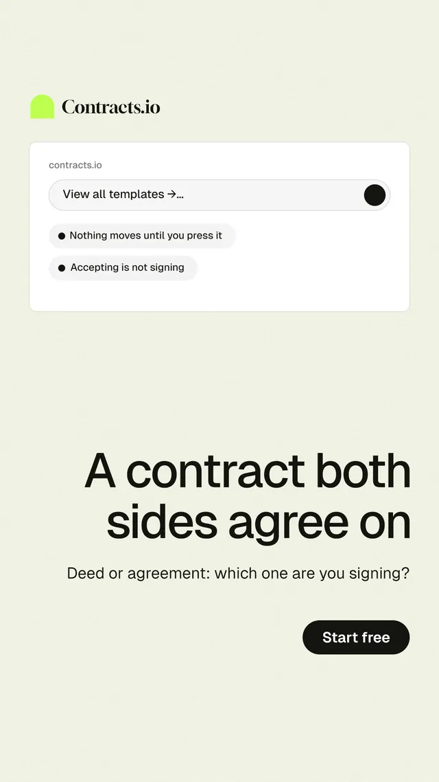 Instagram story for contracts.io: "A contract both sides agree on". Data card style, right layout, light palette in white.