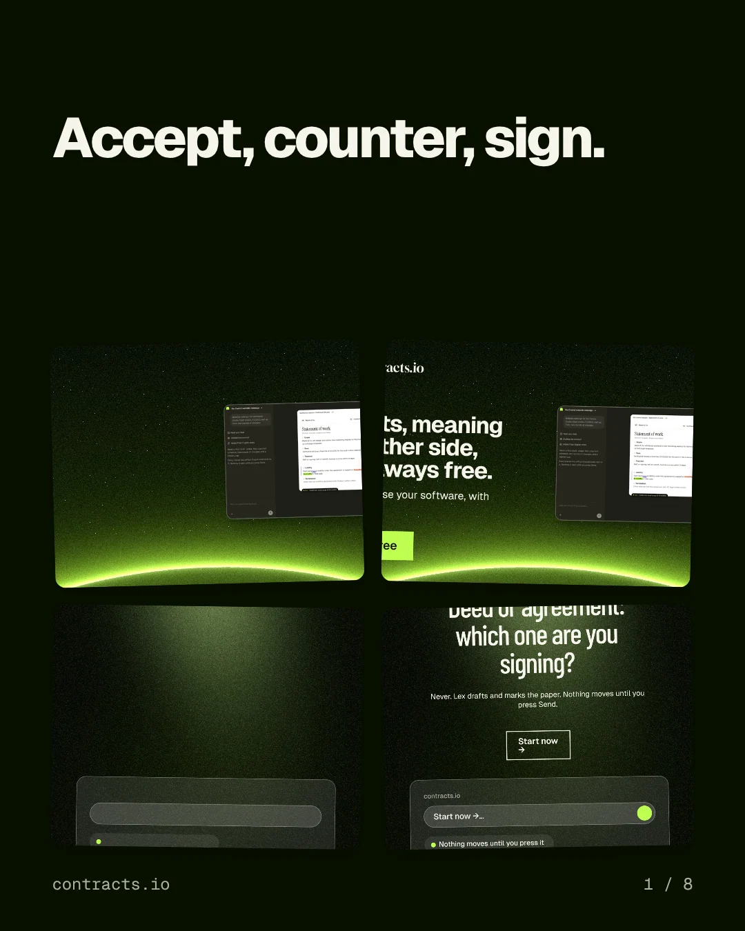 Carousel for contracts.io: "Accept, counter, sign.". Collection carousel, 8 slides, dark palette.