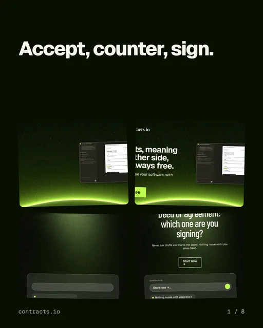 Carousel for contracts.io: "Accept, counter, sign.". Collection carousel, 8 slides, dark palette.