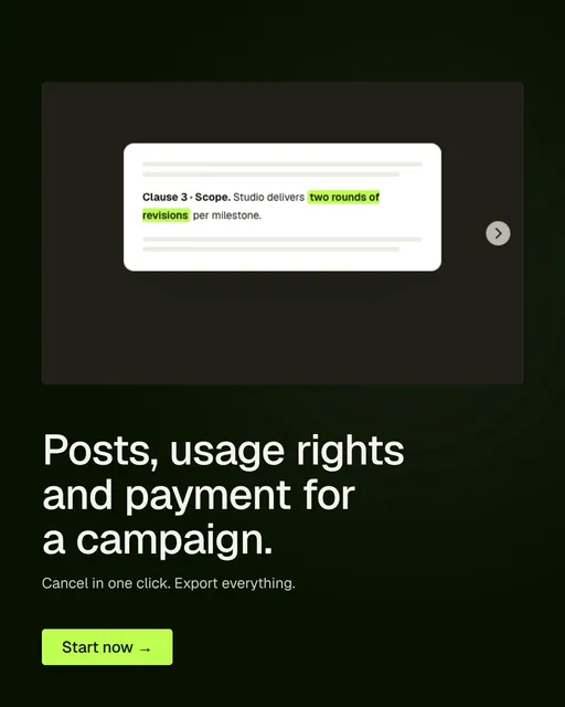 Video for contracts.io: "Posts, usage rights and payment for a campaign.". Doc motion loop, 8.0 s, dark palette.