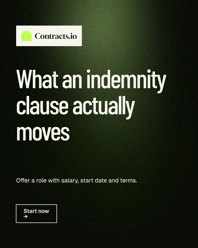 Instagram portrait post for contracts.io: "What an indemnity clause actually moves". Dark deco style, announce layout, dark palette in black, grey.