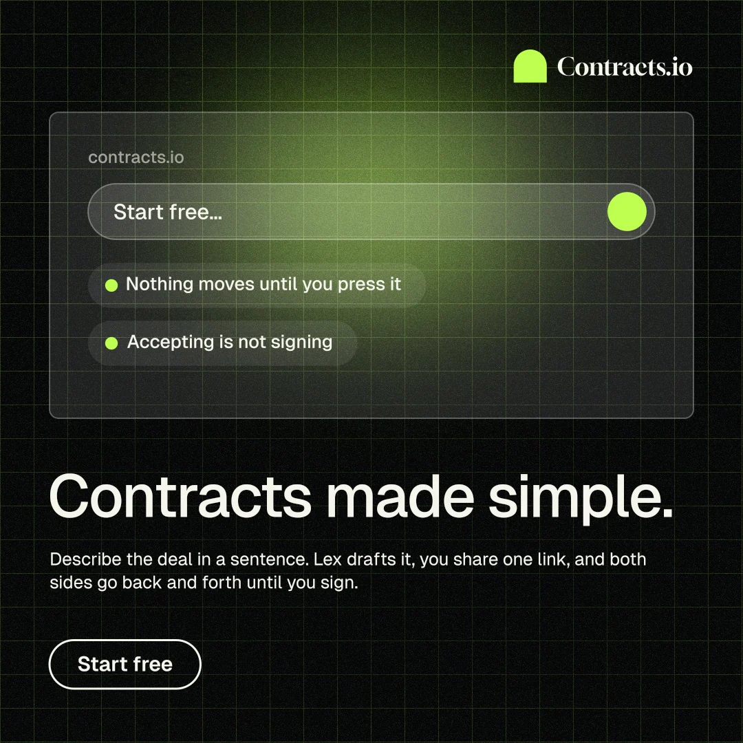 Instagram post for contracts.io: "Contracts made simple." Phosphor atlas style, bottom layout, dark palette in black, grey.