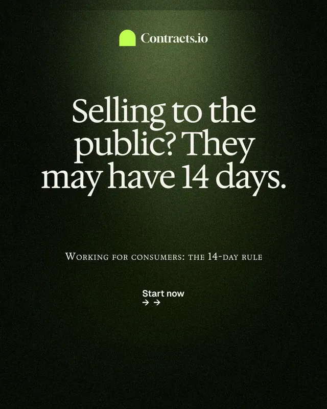 Instagram portrait post for contracts.io: "Selling to the public? They may have 14 days." Dark deco style, smallcaps layout, dark palette in black, grey.