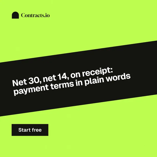 Instagram post for contracts.io: "Net 30, net 14, on receipt: payment terms in plain words". Swiss style, diagonal layout, light palette in green, black.