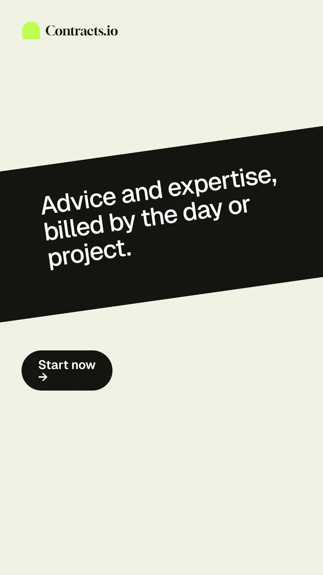 Instagram story for contracts.io: "Advice and expertise, billed by the day or project." Data card style, diagonal layout, light palette in white, grey.
