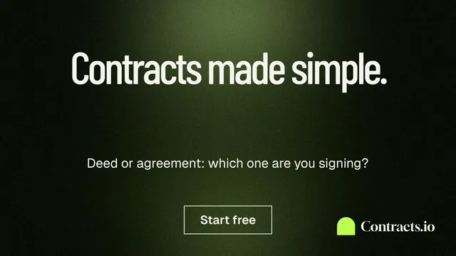 Landscape graphic for contracts.io: "Contracts made simple." Dark deco style, centred layout, dark palette in black, grey.