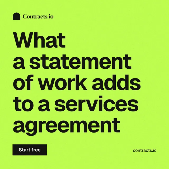 Instagram post for contracts.io: "What a statement of work adds to a services agreement". Swiss style, poster layout, light palette in green.