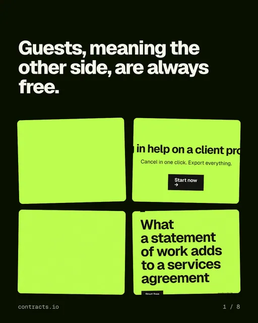 Carousel for contracts.io: "Guests, meaning the other side, are always free.". Collection carousel, 8 slides, dark palette.