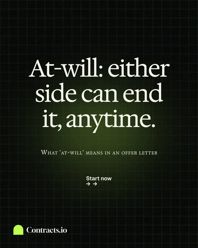 Instagram portrait post for contracts.io: "At-will: either side can end it, anytime." Phosphor atlas style, smallcaps layout, dark palette in black, grey.