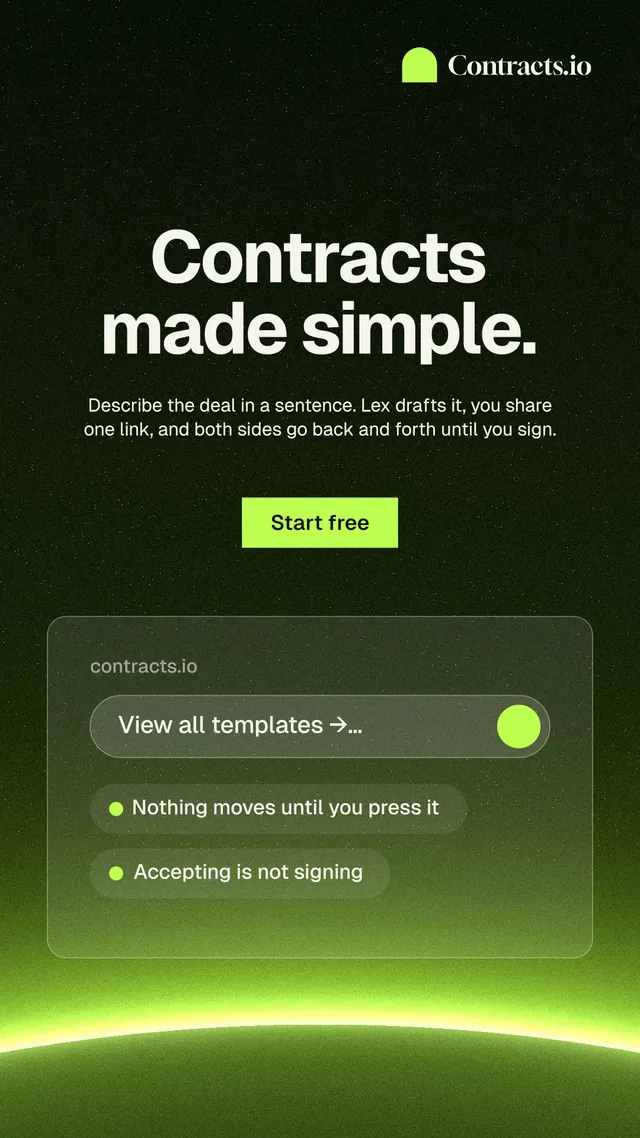 Instagram story for contracts.io: "Contracts made simple." Swiss style, centred layout, dark palette in black, green.