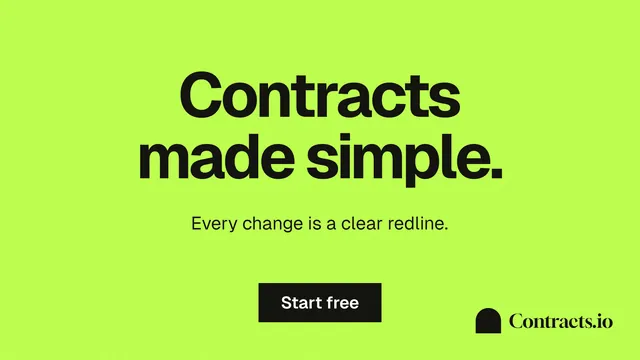 Landscape graphic for contracts.io: "Contracts made simple." Swiss style, centred layout, light palette in green.