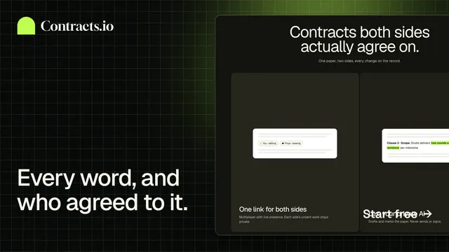 Landscape graphic for contracts.io: "Every word, and who agreed to it." Phosphor atlas style, image led layout, dark palette in black, grey.