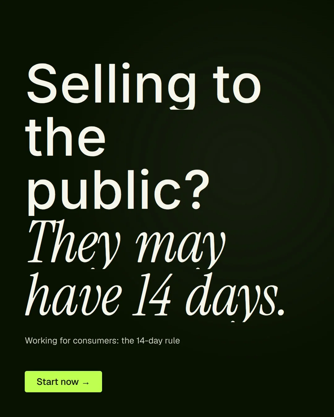 Video for contracts.io: "Selling to the public? They may have 14 days.". Kinetic type grid, 8.0 s, dark palette.