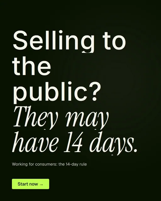 Video for contracts.io: "Selling to the public? They may have 14 days.". Kinetic type grid, 8.0 s, dark palette.