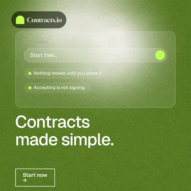 Instagram post for contracts.io: "Contracts made simple." Cyanotype style, bottom layout, light palette in green.