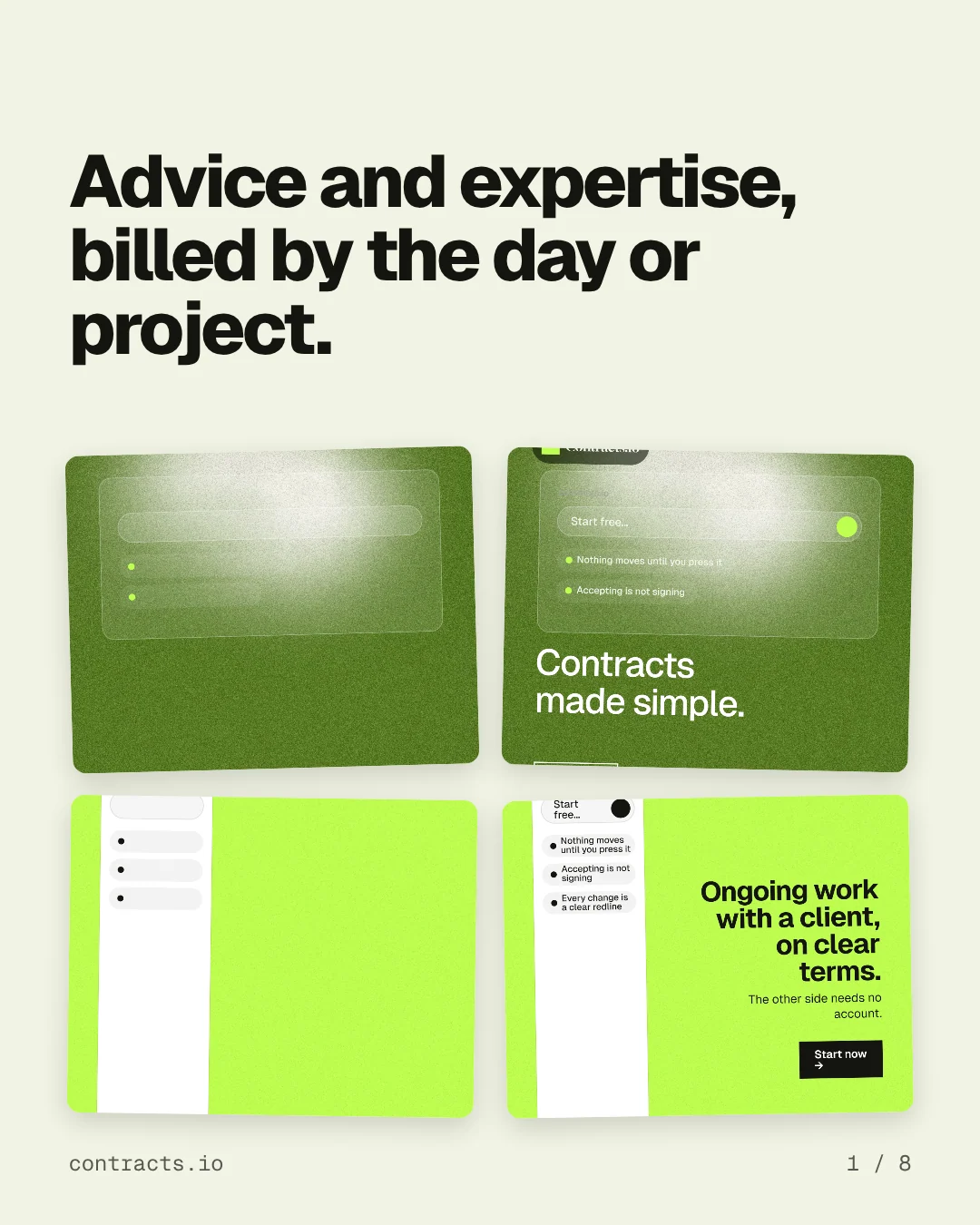 Carousel for contracts.io: "Advice and expertise, billed by the day or project.". Collection carousel, 8 slides, light palette.