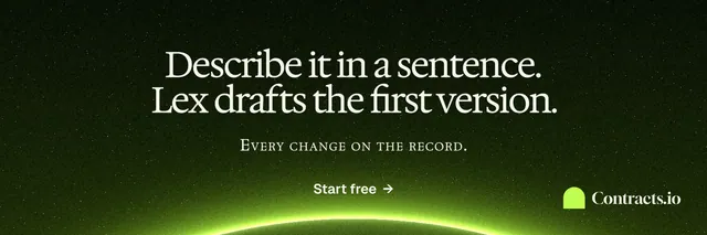 X header for contracts.io: "Describe it in a sentence. Lex drafts the first version." Swiss style, smallcaps layout, dark palette in black, green.