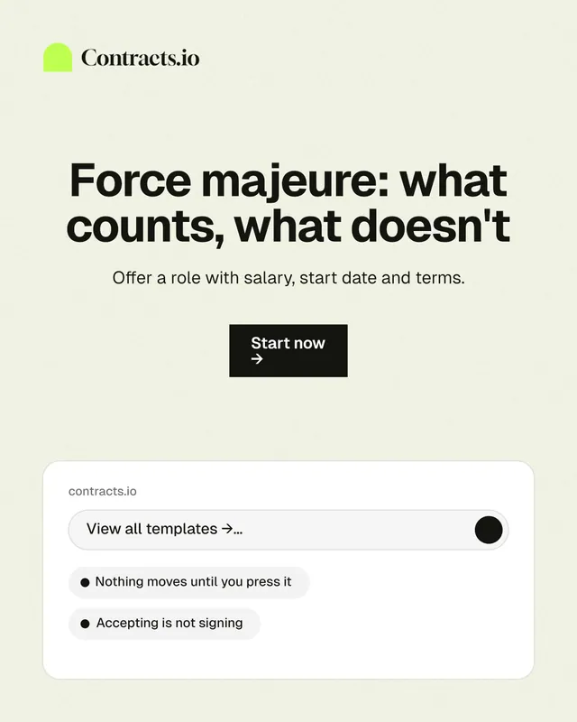 Instagram portrait post for contracts.io: "Force majeure: what counts, what doesn't". Swiss style, centred layout, light palette in white, grey.