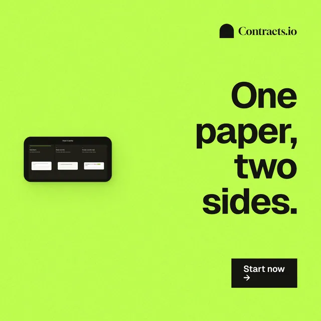 Instagram post for contracts.io: "One paper, two sides." Swiss style, right layout, light palette in green.