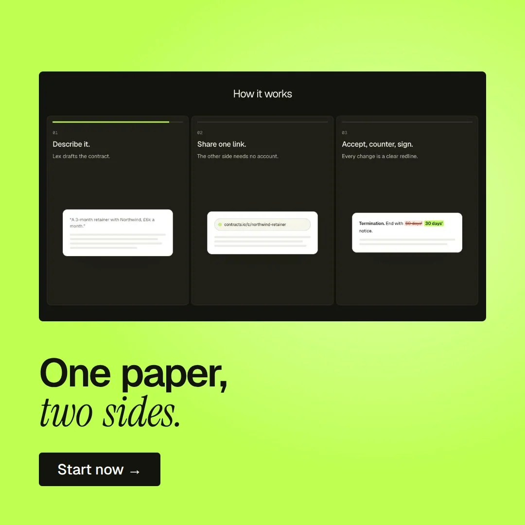 Video for contracts.io: "One paper, two sides.". Doc motion loop, 6.0 s, light palette.