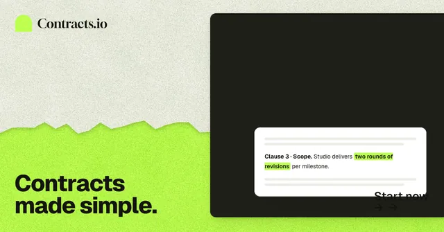 Social ad for contracts.io: "Contracts made simple." Paper trio style, image led layout, light palette in yellow, black, green.