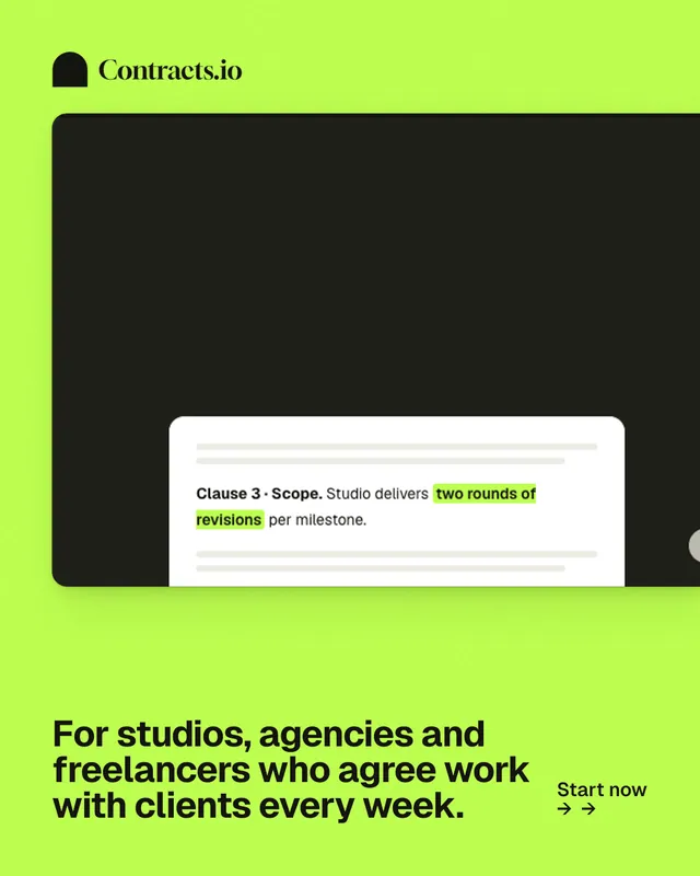 Instagram portrait post for contracts.io: "For studios, agencies and freelancers who agree work with clients every week." Swiss style, image led layout, light palette in green, black.
