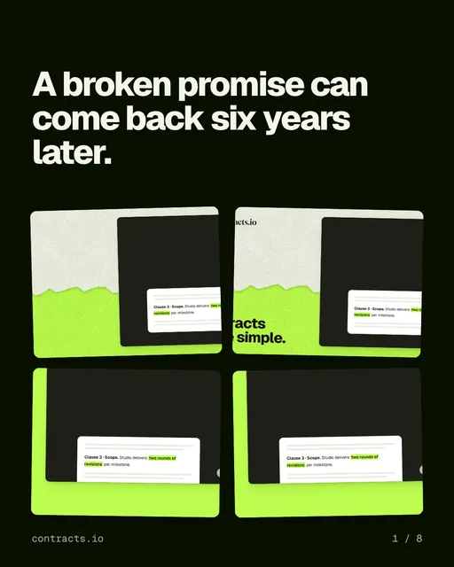 Carousel for contracts.io: "A broken promise can come back six years later.". Collection carousel, 8 slides, dark palette.