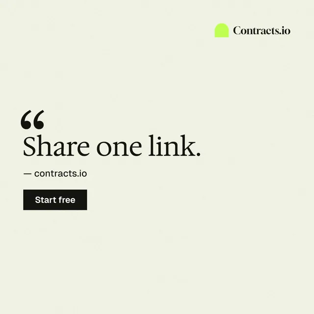 Instagram post for contracts.io: "Share one link." Swiss style, quote layout, light palette in white.