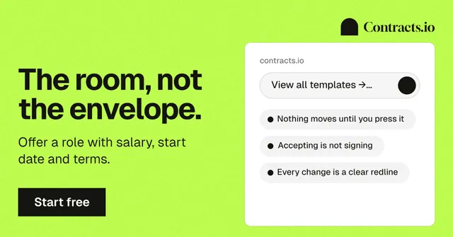 Social ad for contracts.io: "The room, not the envelope." Swiss style, bottom layout, light palette in green.