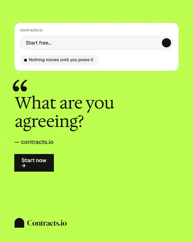 Instagram portrait post for contracts.io: "What are you agreeing?" Swiss style, quote layout, light palette in green, white.