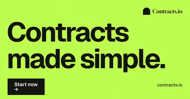 Social ad for contracts.io: "Contracts made simple." Swiss style, poster layout, light palette in green.