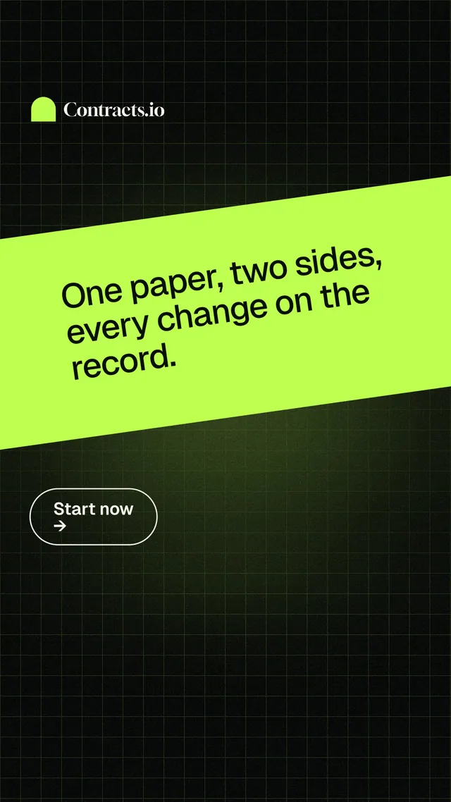 Instagram story for contracts.io: "One paper, two sides, every change on the record." Phosphor atlas style, diagonal layout, dark palette in green, black.