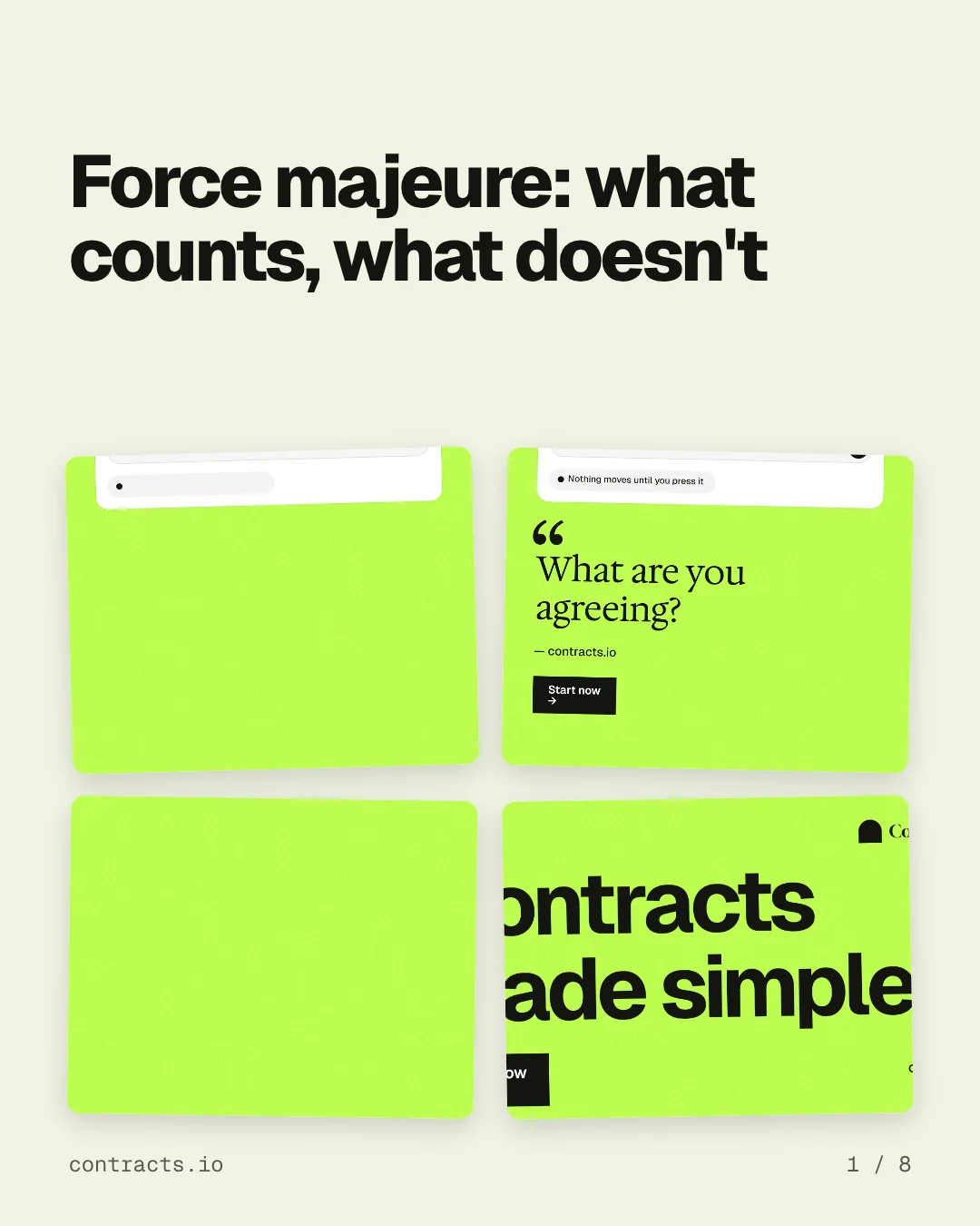 Carousel for contracts.io: "Force majeure: what counts, what doesn't". Collection carousel, 8 slides, light palette.