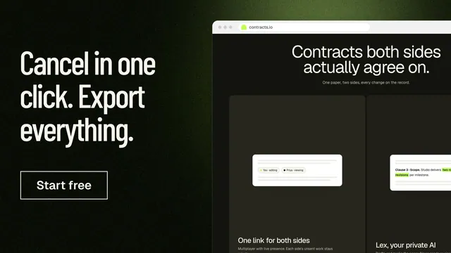 Landscape graphic for contracts.io: "Cancel in one click. Export everything." Dark deco style, browser layout, dark palette in black, grey.
