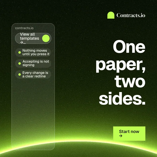 Instagram post for contracts.io: "One paper, two sides." Swiss style, right layout, dark palette in black, green.