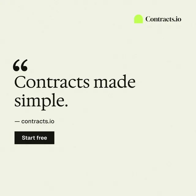 Instagram post for contracts.io: "Contracts made simple." Swiss style, quote layout, light palette in white, yellow.