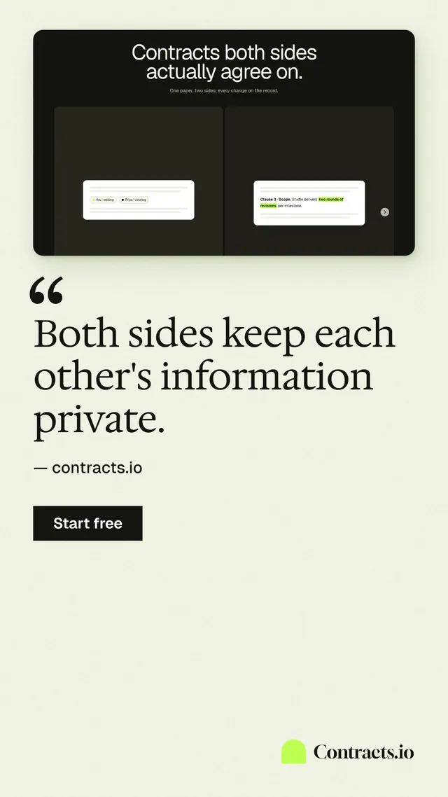 Instagram story for contracts.io: "Both sides keep each other's information private." Swiss style, quote layout, light palette in white, grey, green.