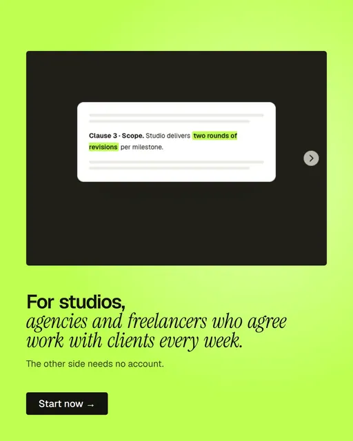 Video for contracts.io: "For studios, agencies and freelancers who agree work with clients every week.". Kinetic type grid, 6.0 s, light palette.
