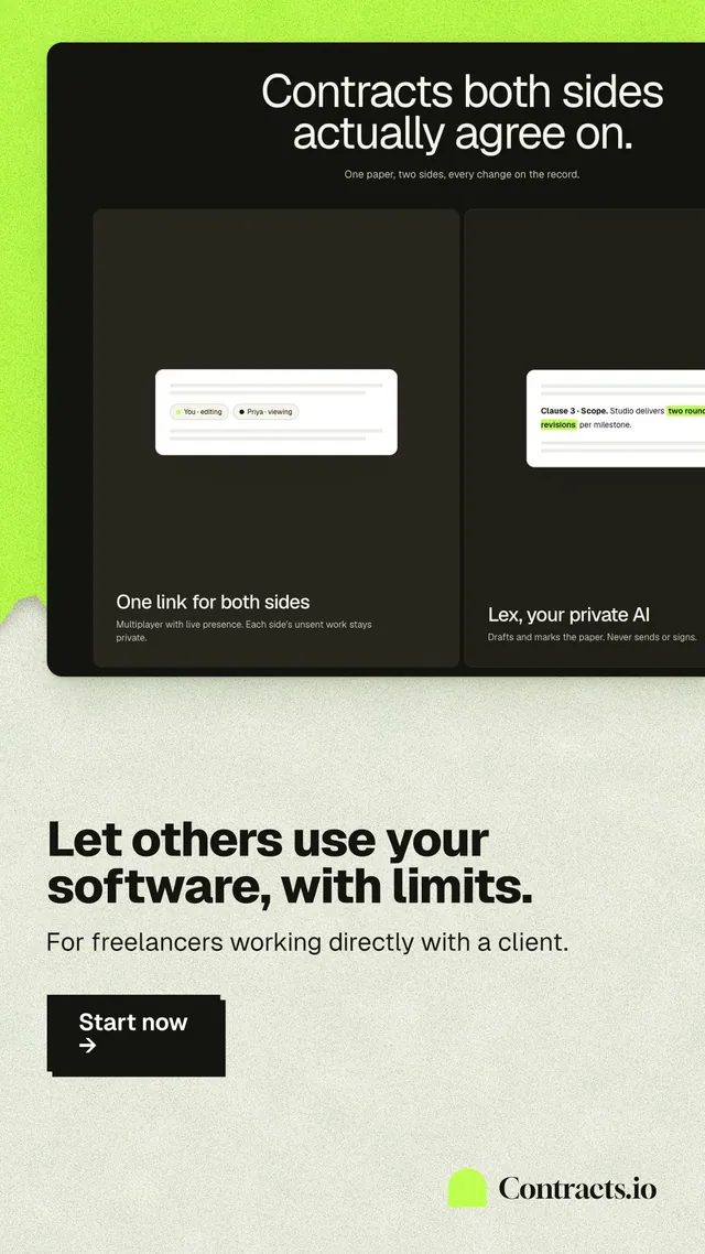 Instagram story for contracts.io: "Let others use your software, with limits." Paper trio style, bottom layout, light palette in black, yellow, green.