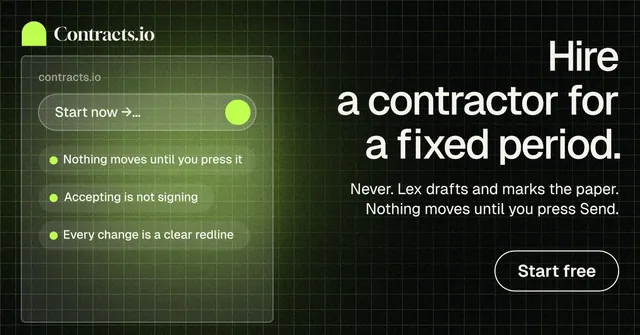 Social ad for contracts.io: "Hire a contractor for a fixed period." Phosphor atlas style, right layout, dark palette in green, black.