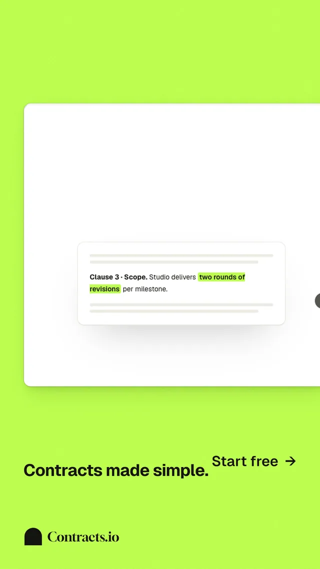 Instagram story for contracts.io: "Contracts made simple." Swiss style, image led layout, light palette in green, white.